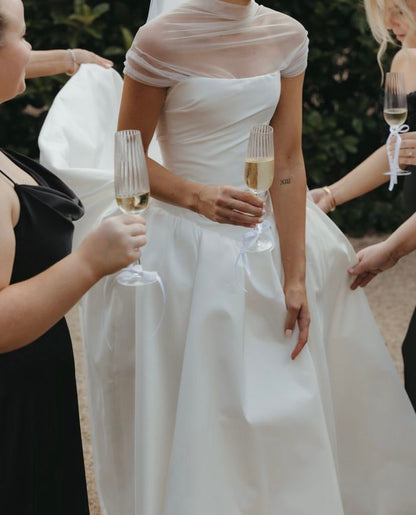 Pretty Ball Gown Strapless Simple White Satin Long Wedding Dress SH4144