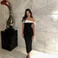 Classic Black-white Sheath Off the Shoulder Satin Long Prom Dress Evening Dress SH7569