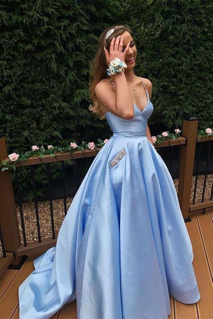 A Line V Neck Blue Satin Long Prom Dresses With Pocket SH1584 – shinydress