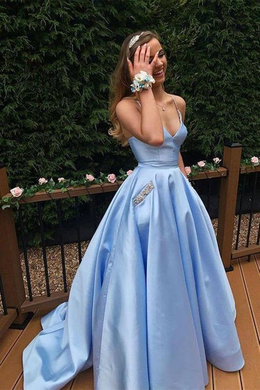 A Line V Neck Blue Satin Long Prom Dresses With Pocket SH1584