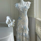 Gentle Mermaid Strap Print Flower Blue Chiffon Party Dress Evening Dress SH2869