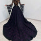 Glamorous A Line Long Sleeve Beaded Purple Satin Black Lace Prom Dress Evening Dress SH7088