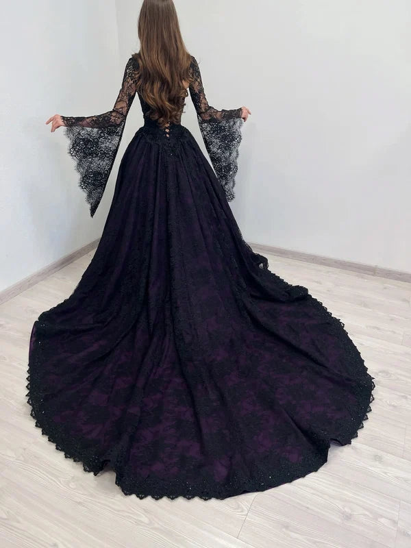 Glamorous A Line Long Sleeve Beaded Purple Satin Black Lace Prom Dress Evening Dress SH7088