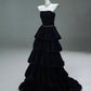 A Line Strapless Tiered Black Velvet Long Prom Dress Evening Dress SH1846
