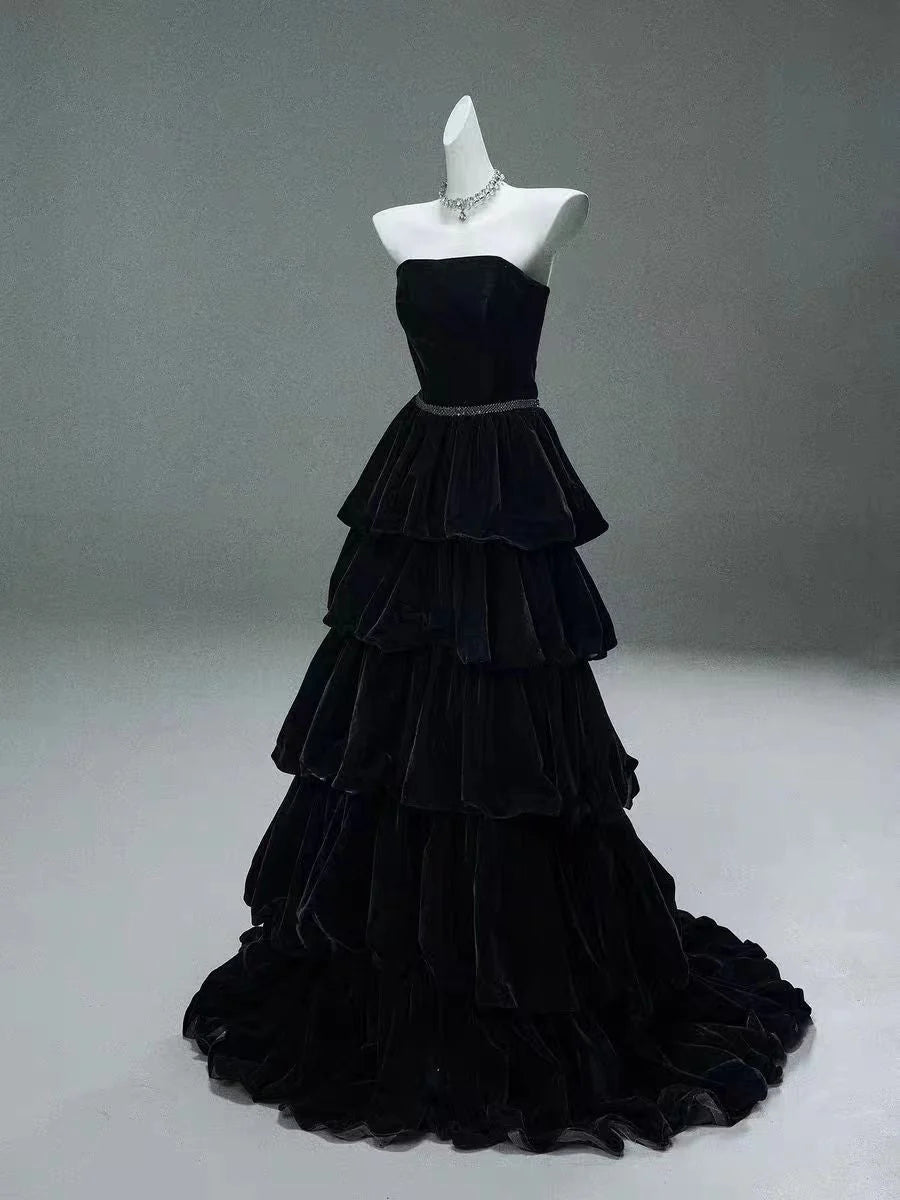 A Line Strapless Tiered Black Velvet Long Prom Dress Evening Dress SH1846