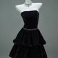 A Line Strapless Tiered Black Velvet Long Prom Dress Evening Dress SH1846