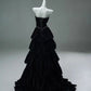 A Line Strapless Tiered Black Velvet Long Prom Dress Evening Dress SH1846