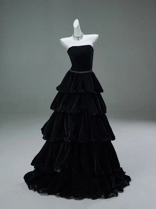 A Line Strapless Tiered Black Velvet Long Prom Dress Evening Dress SH1846