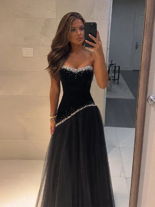 Shiny Beaded A Line Strapless Black Tulle Satin Long Prom Dress Evening Dress SH8275