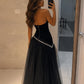 Shiny Beaded A Line Strapless Black Tulle Satin Long Prom Dress Evening Dress SH8275