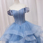 Blue Off-the-shoulder Beaded Tulle Long Formal Dress Ball Gown SH1630