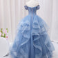 Blue Off-the-shoulder Beaded Tulle Long Formal Dress Ball Gown SH1630