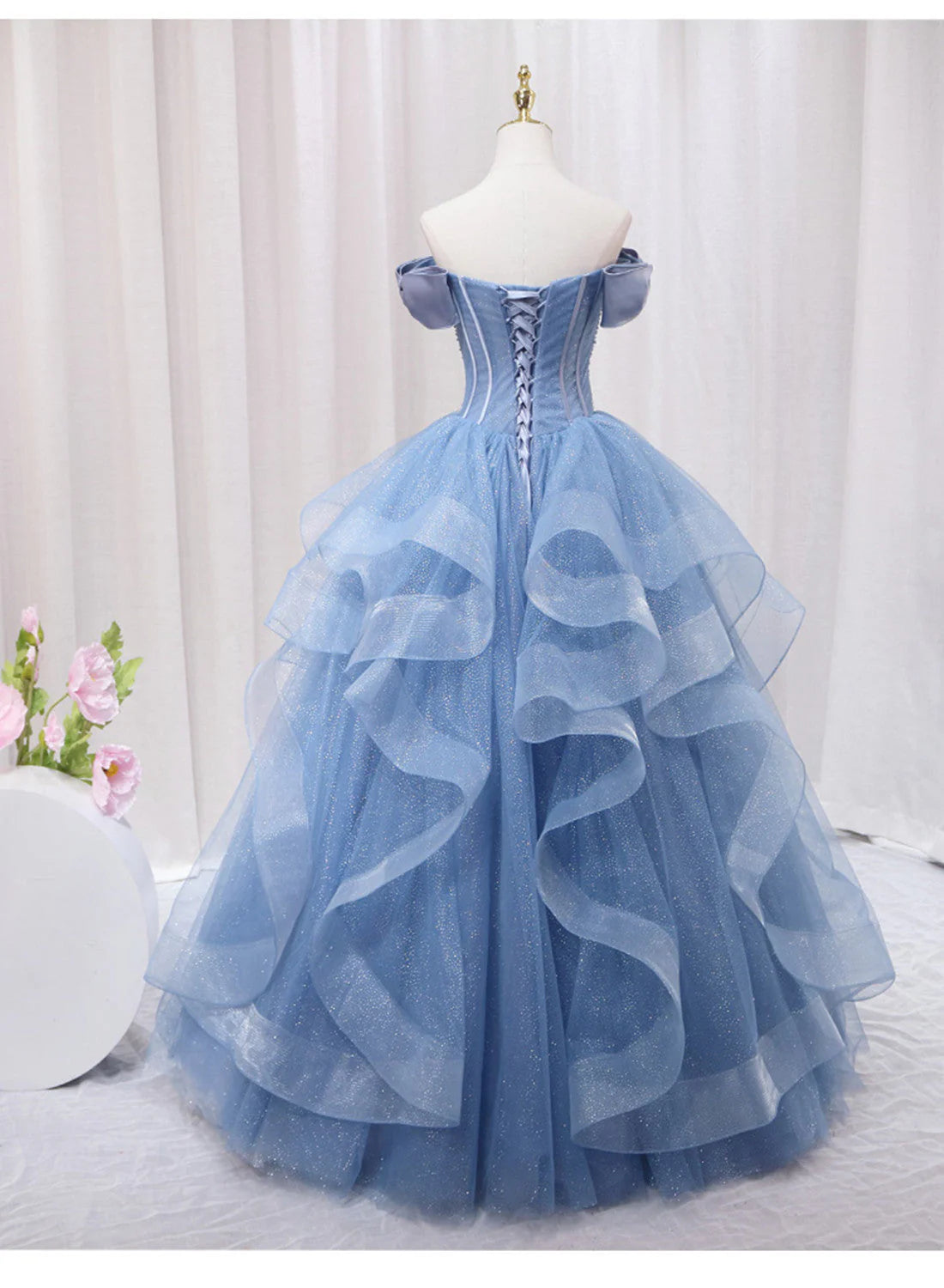 Blue Off-the-shoulder Beaded Tulle Long Formal Dress Ball Gown SH1630