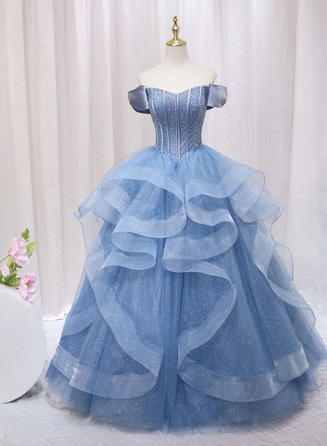 Blue Off-the-shoulder Beaded Tulle Long Formal Dress Ball Gown SH1630