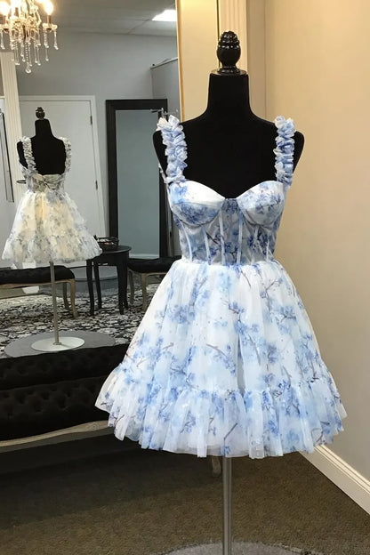 Blue Floral Printed Spaghetti Straps A-Line Short Corset Homecoming Dress SH1688