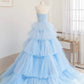 Blue A-Line Strapless Tulle Layers Long Prom Dress Evening Dress SH1636