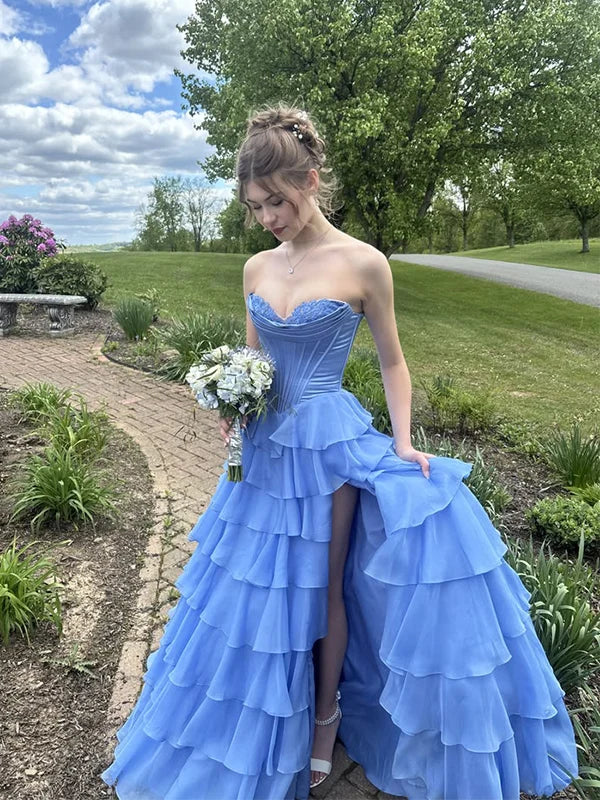 Unique Blue A Line Sweetheart Neck Exquisite Lace Chiffon Prom Dress Evening Dress SH8281