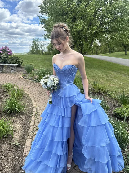 Unique Blue A Line Sweetheart Neck Exquisite Lace Chiffon Prom Dress Evening Dress SH8281