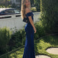 Royal Blue Mermaid Off the Shoulder Tulle Velvet Long Prom Dress Evening Dress SH8272