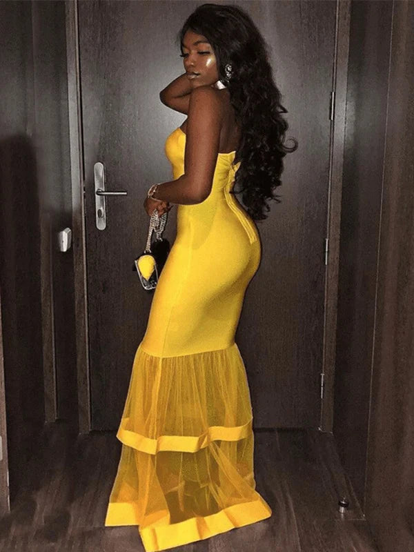 Bright Yellow Strapless Sexy Mermaid Long Ruffle Trumpet Prom Dress SH8283