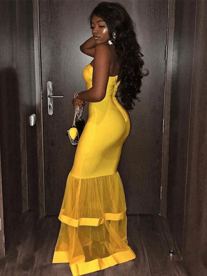 Bright Yellow Strapless Sexy Mermaid Long Ruffle Trumpet Prom Dress SH8283