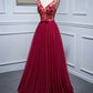 Burgundy V Neck Appliques Tulle Long Prom Dress Evening Dress SH1627