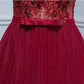 Burgundy V Neck Appliques Tulle Long Prom Dress Evening Dress SH1627