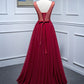 Burgundy V Neck Appliques Tulle Long Prom Dress Evening Dress SH1627