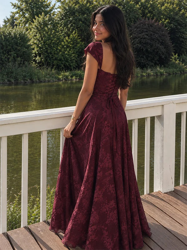 Vintage Burgundy Mermaid Print Tulle Prom Dress Evening Dress with Cap Sleeves SH8271