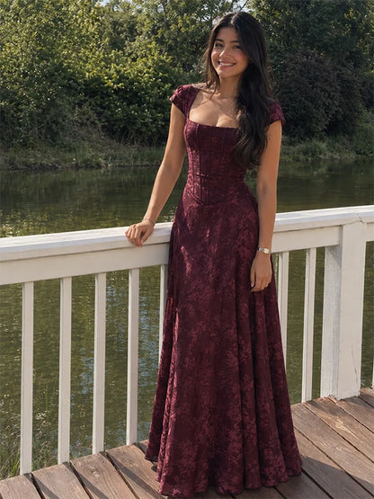 Vintage Burgundy Mermaid Print Tulle Prom Dress Evening Dress with Cap Sleeves SH8271