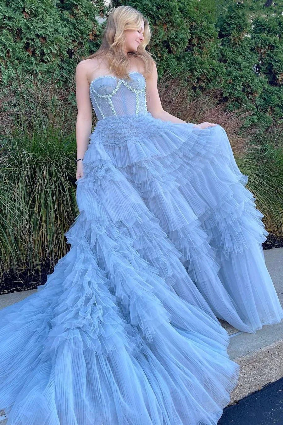 Blue Princess A-line Strapless Tiered Tulle Prom Dress Evening Dress SH1710