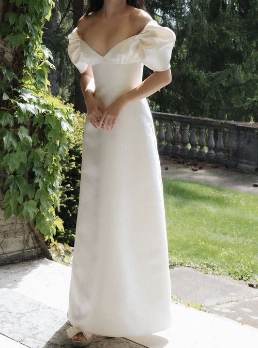 Simple A Line Puff Sleeve White Satin Long Wedding Dress SH7330