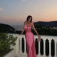 Pink A Line Halter Lace Satin Open Back Prom Dress Vacation Dress SH4491