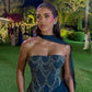 Navy Blue A Line Strapless Shiny Beaded Chiffon Long Prom Dress SH8757