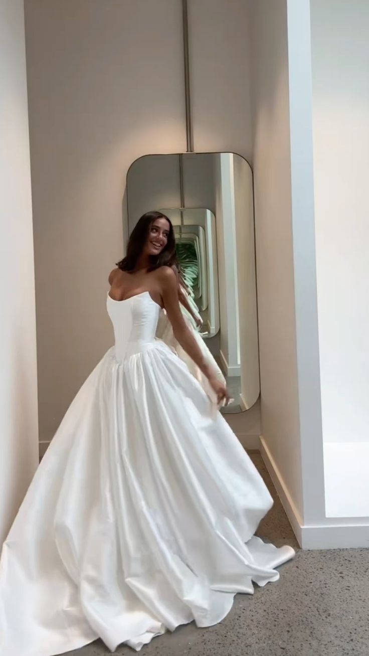 Pretty A Line Strapless White Satin Long Wedding Dress SH8699