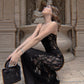 Sexy Black Sheath Spaghetti Strap Lace Satin Long Prom Dress Evening Dress SH8122
