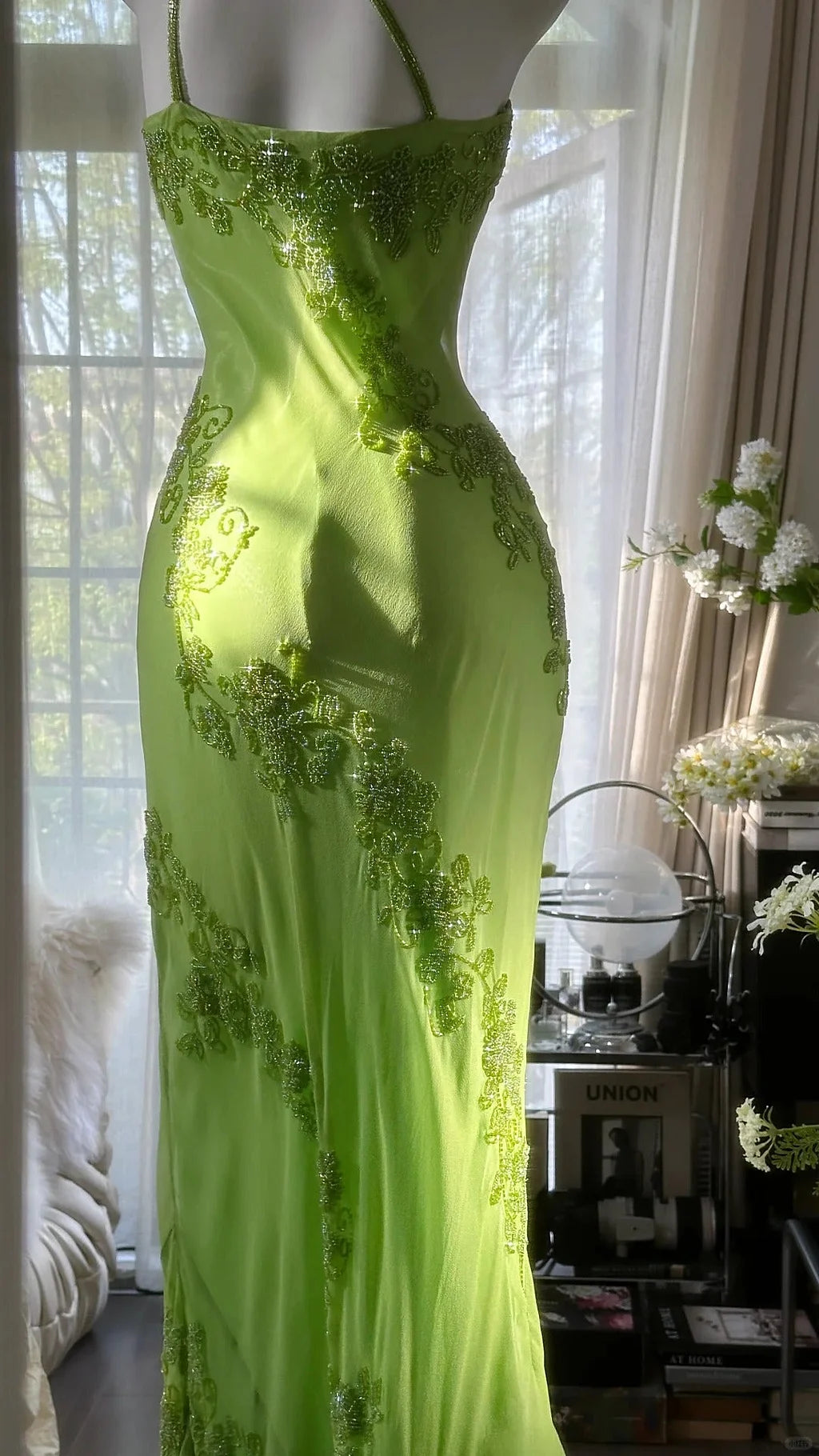 Stunning Sheath One Shoulder Beaded Green Chiffon Party Dress Evening Dress SH2873