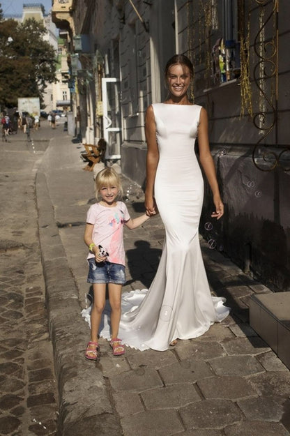 Elegant Mermaid White Satin Long Train Prom Dress Wedding Dress SH7541