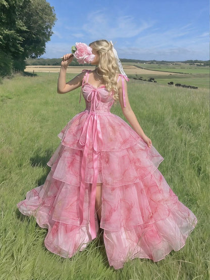 Sweety Pink A Line Spaghetti Straps Print Floral Chiffon Prom Dress Evening Dress SH7207