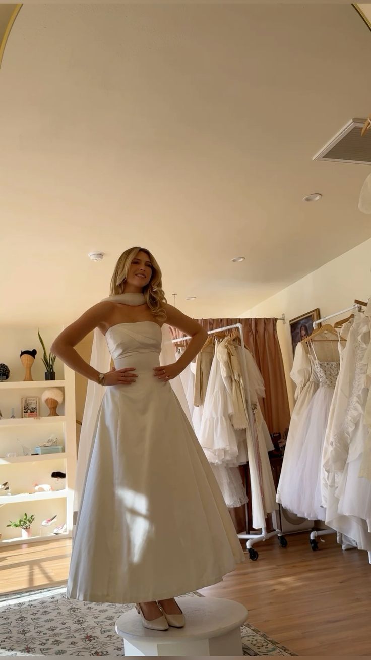 Simple Beautiful A Line Strapless White Satin Wedding Dress SH8371