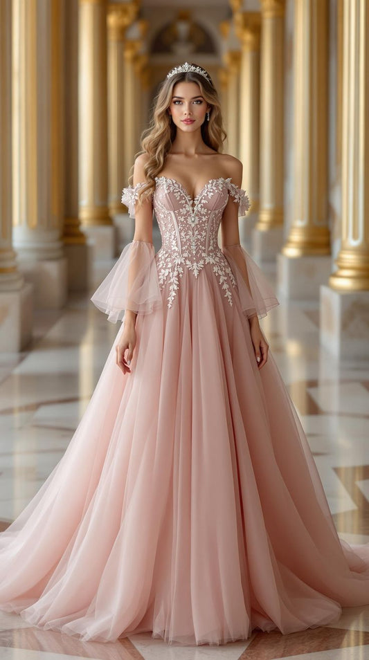 Light Pink A Line Off the Shoulder Applique Tulle Prom Dress 16th Birthday Dress Wedding Guest Dress SH4281