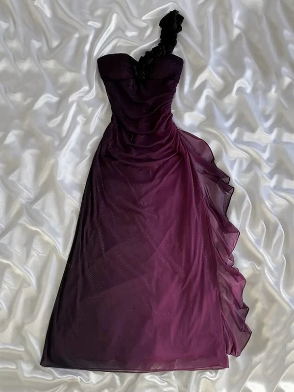 Grape Purple Ombre A Line One Shoulder Chiffon Long Party Dress Evening Dress SH2842