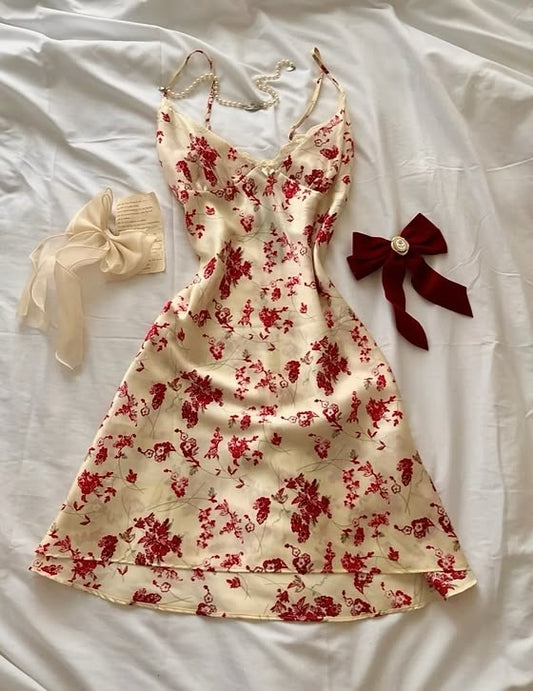 Cute A Line Spaghetti Strap Red Print Yellow Satin Short Prom Dress Homecoming Dress SH7998