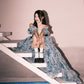 Romantic A Line Puff Sleeve Print Flower Blue Chiffon Party Dress Evening Dress with Slit SH2866