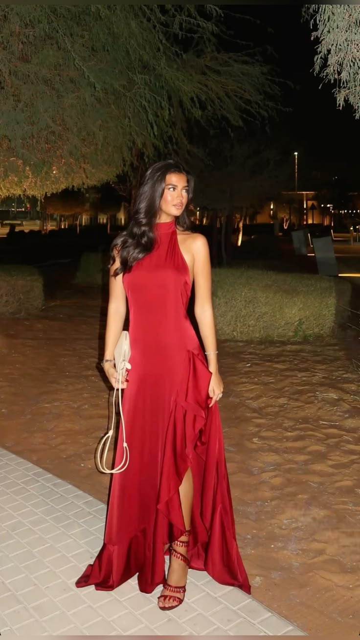 Charming Red A Line Halter Ruffle Satin Long Prom Dress Evening Dress with Slit SH7605