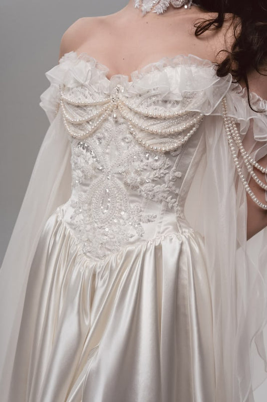 Dreamy Fairytale Ball Gown Exquisite Beaded Pearl White Satin Tulle Prom Dress Wedding Dress SH6682