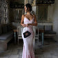 Gentle Light Pink Mermaid Spaghetti Strap Beaded Satin Prom Dress Wedding Guest Dress SH5323