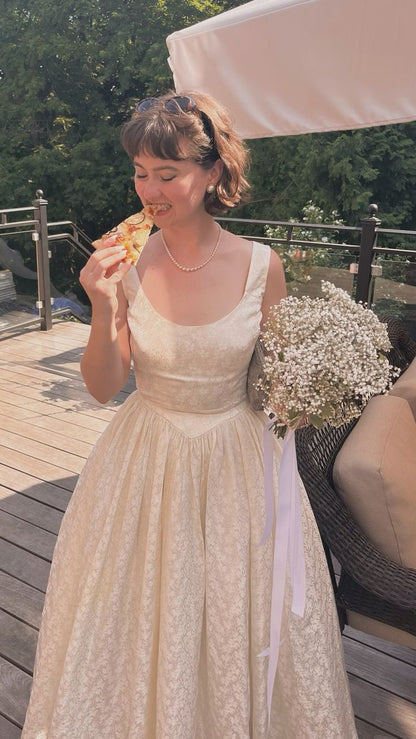 Vintage A Line Strap Ivory Print Satin Long Prom Dress Wedding Dress SH8242
