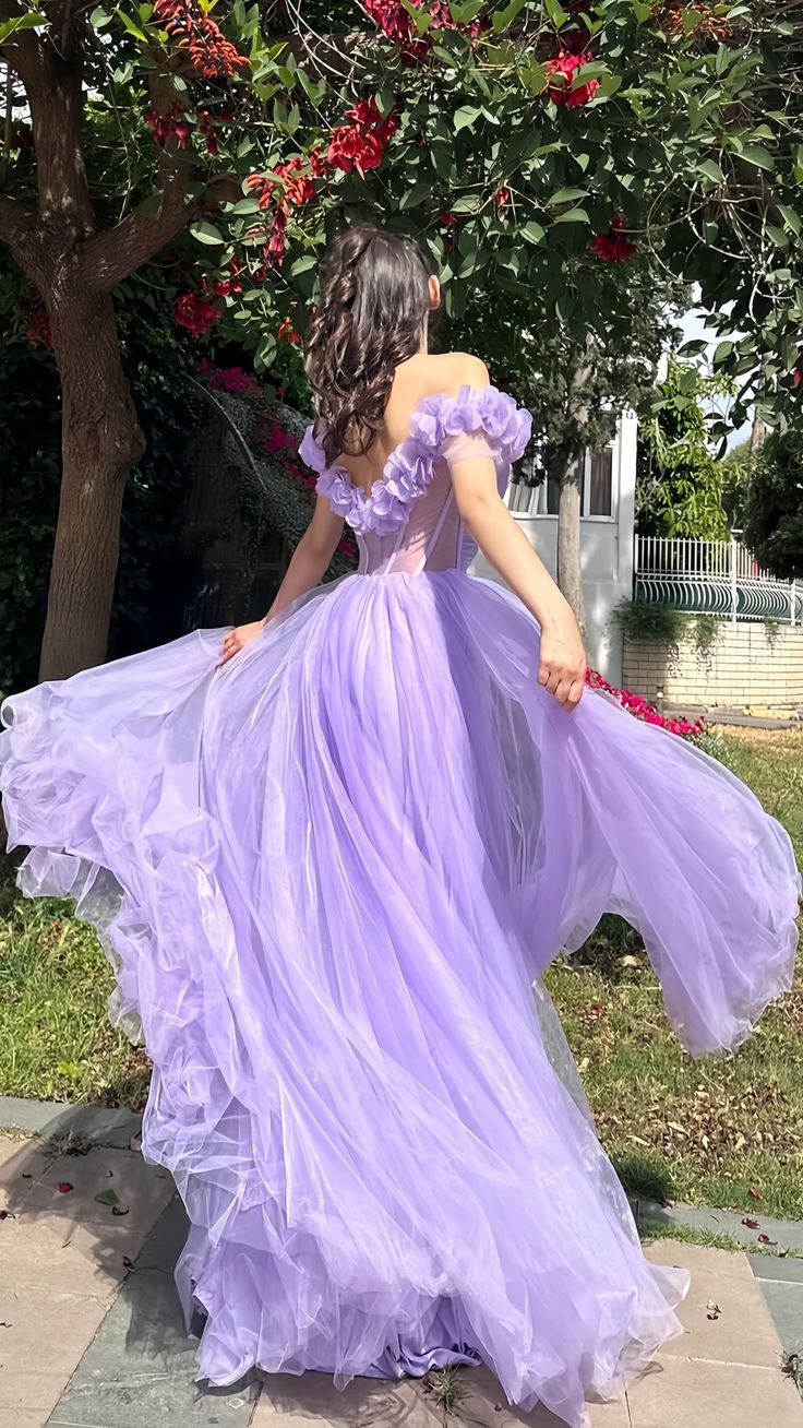 Lilac A-Line Flowy Tulle Evening Party Dresses Prom Dresses With Slit SH1612