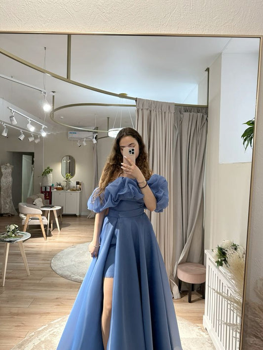 Princess Blue A Line Off the Shoulder Organza Prom Dress 16th Birthday Dress Date Dress with Slit SH3991